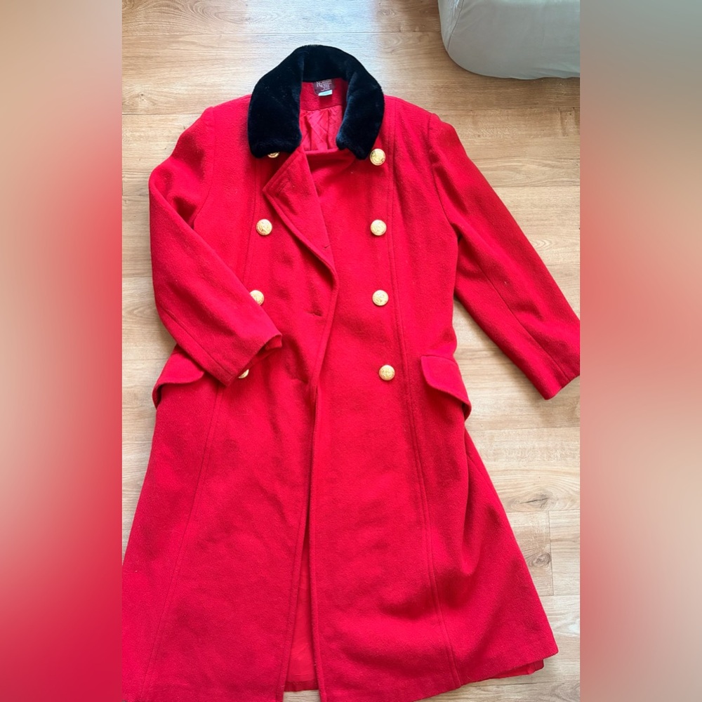 Red Long Women's Coat with Black Collar